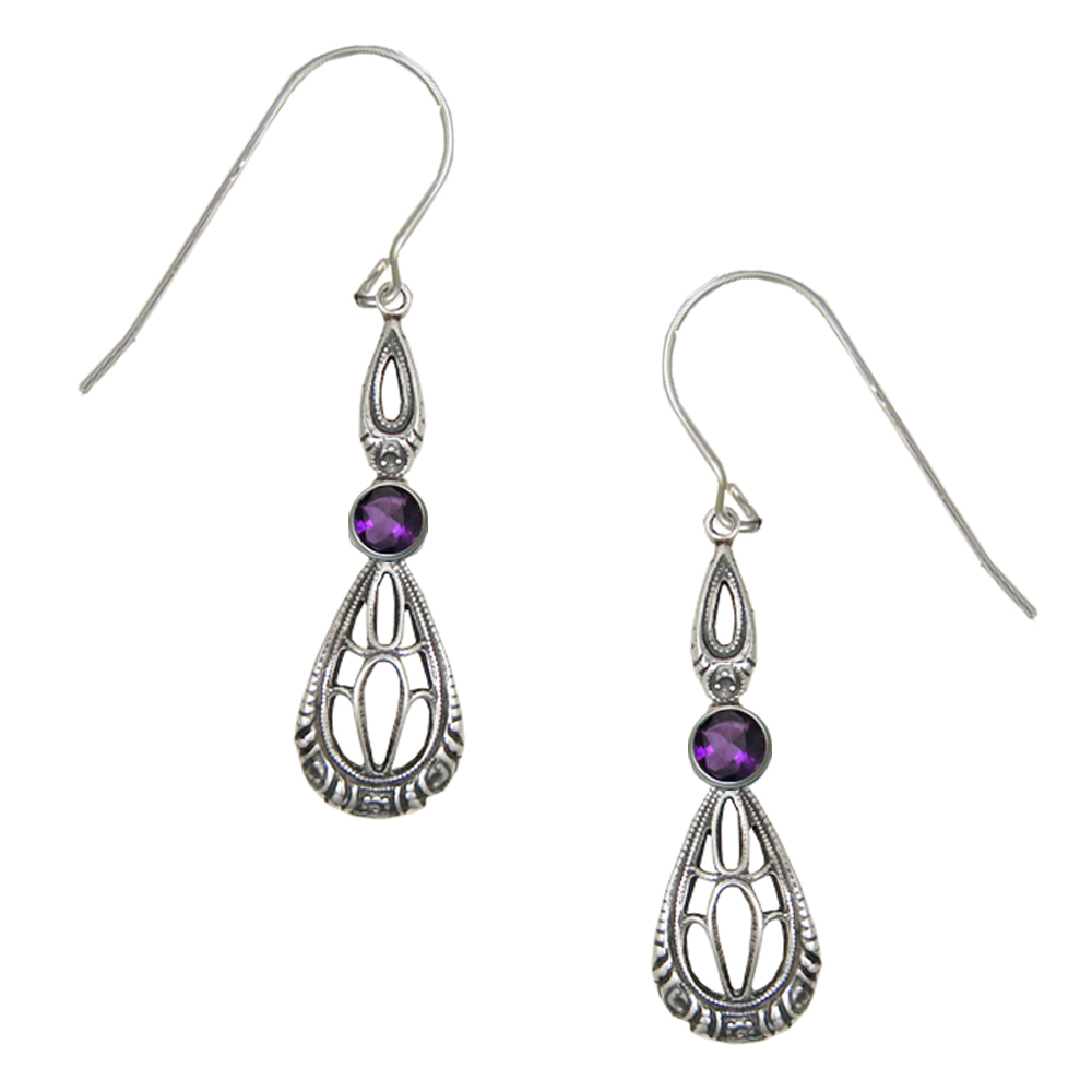 Sterling Silver Art Deco Drop Dangle Earrings With Faceted Amethyst